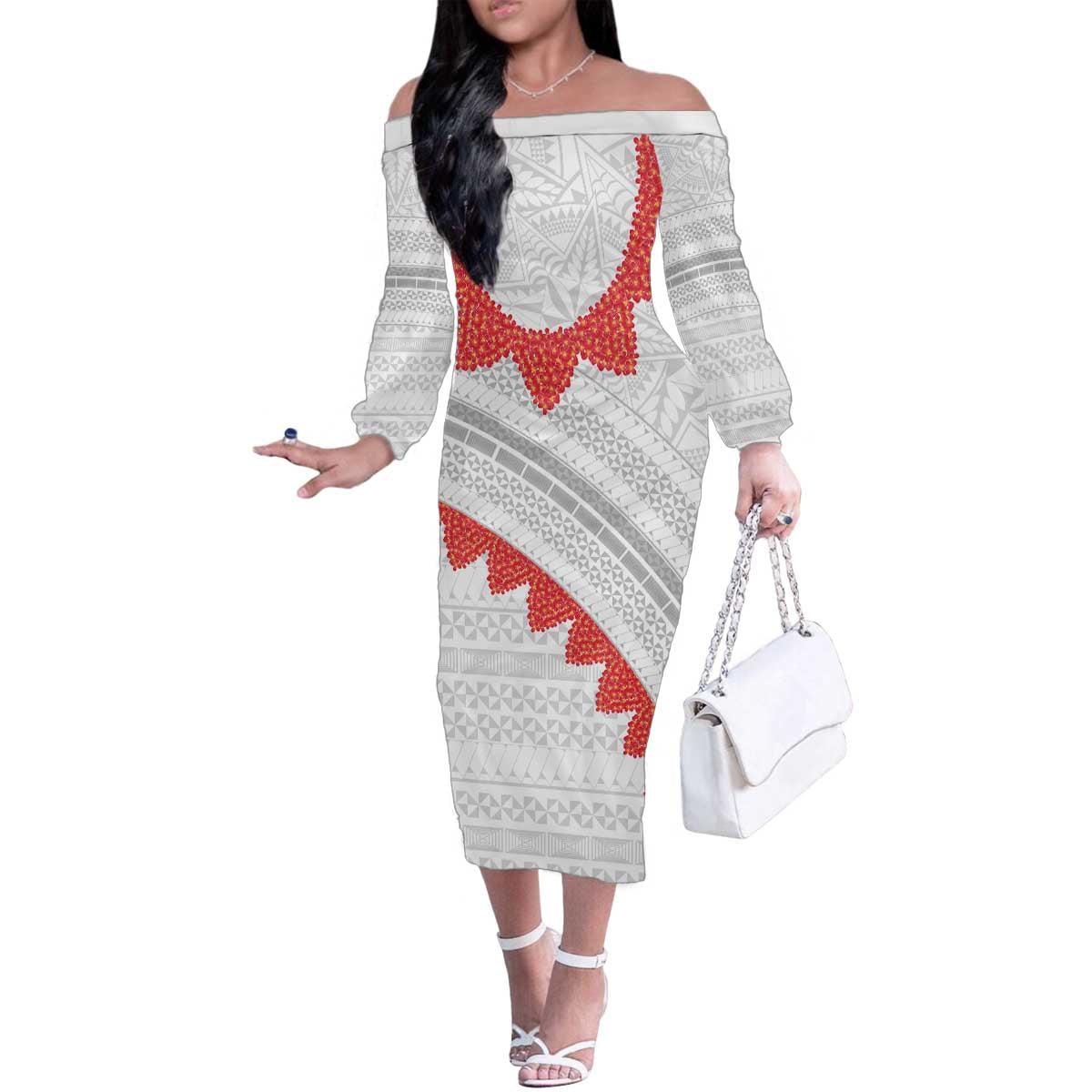 Tonga White Sunday Family Matching Off The Shoulder Long Sleeve Dress and Hawaiian Shirt Heilala Flowers Tongan Ngatu Pattern LT14 Mom's Dress White - Polynesian Pride