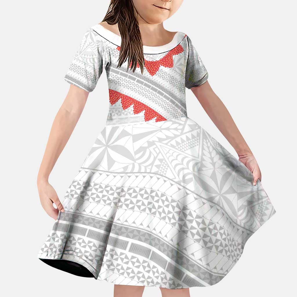 Tonga White Sunday Family Matching Puletasi and Hawaiian Shirt Heilala Flowers Tongan Ngatu Pattern