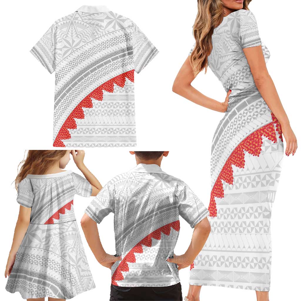 Tonga White Sunday Family Matching Short Sleeve Bodycon Dress and Hawaiian Shirt Heilala Flowers Tongan Ngatu Pattern LT14 - Polynesian Pride