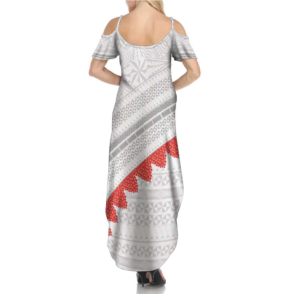 Tonga White Sunday Family Matching Summer Maxi Dress and Hawaiian Shirt Heilala Flowers Tongan Ngatu Pattern