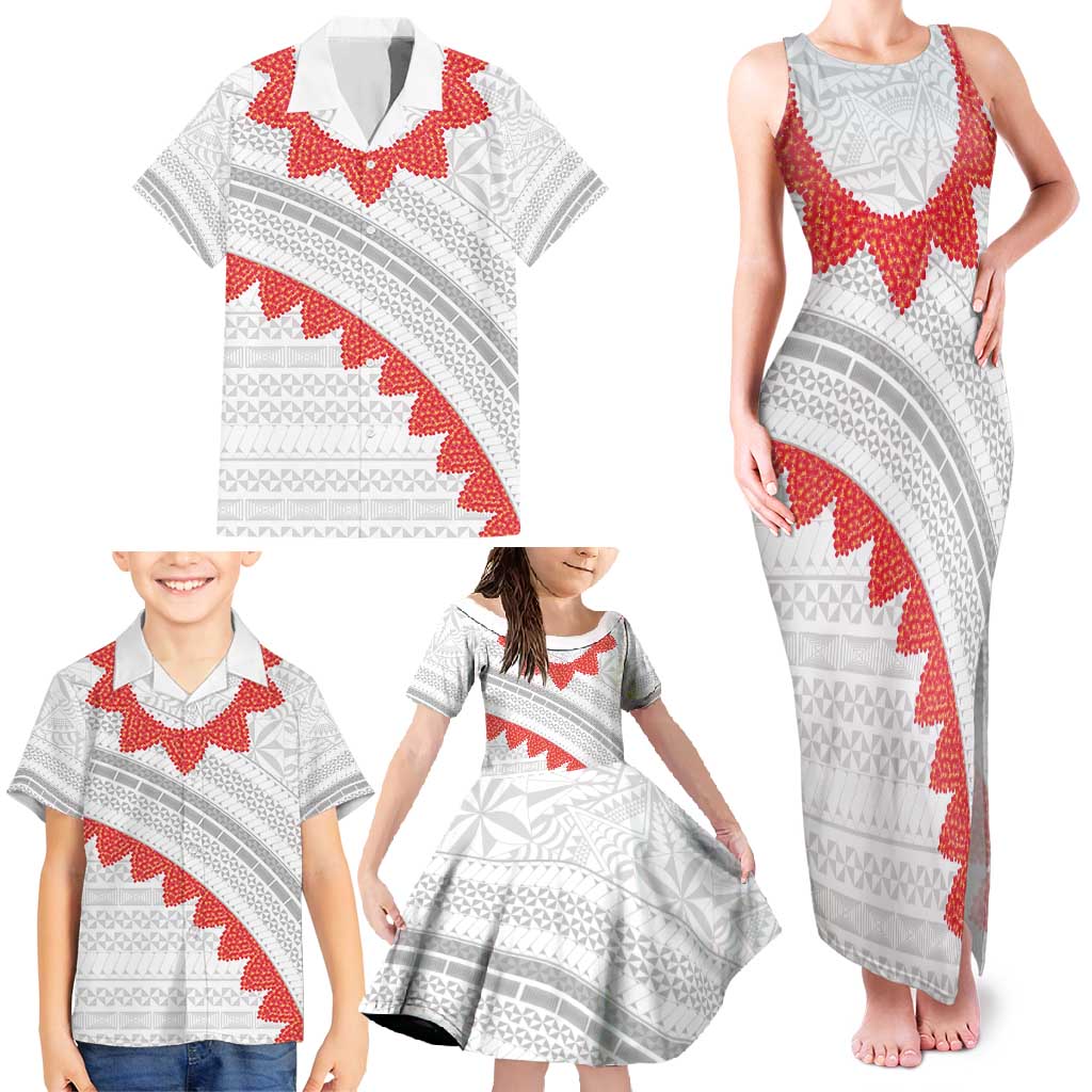 Tonga White Sunday Family Matching Tank Maxi Dress and Hawaiian Shirt Heilala Flowers Tongan Ngatu Pattern LT14 - Polynesian Pride