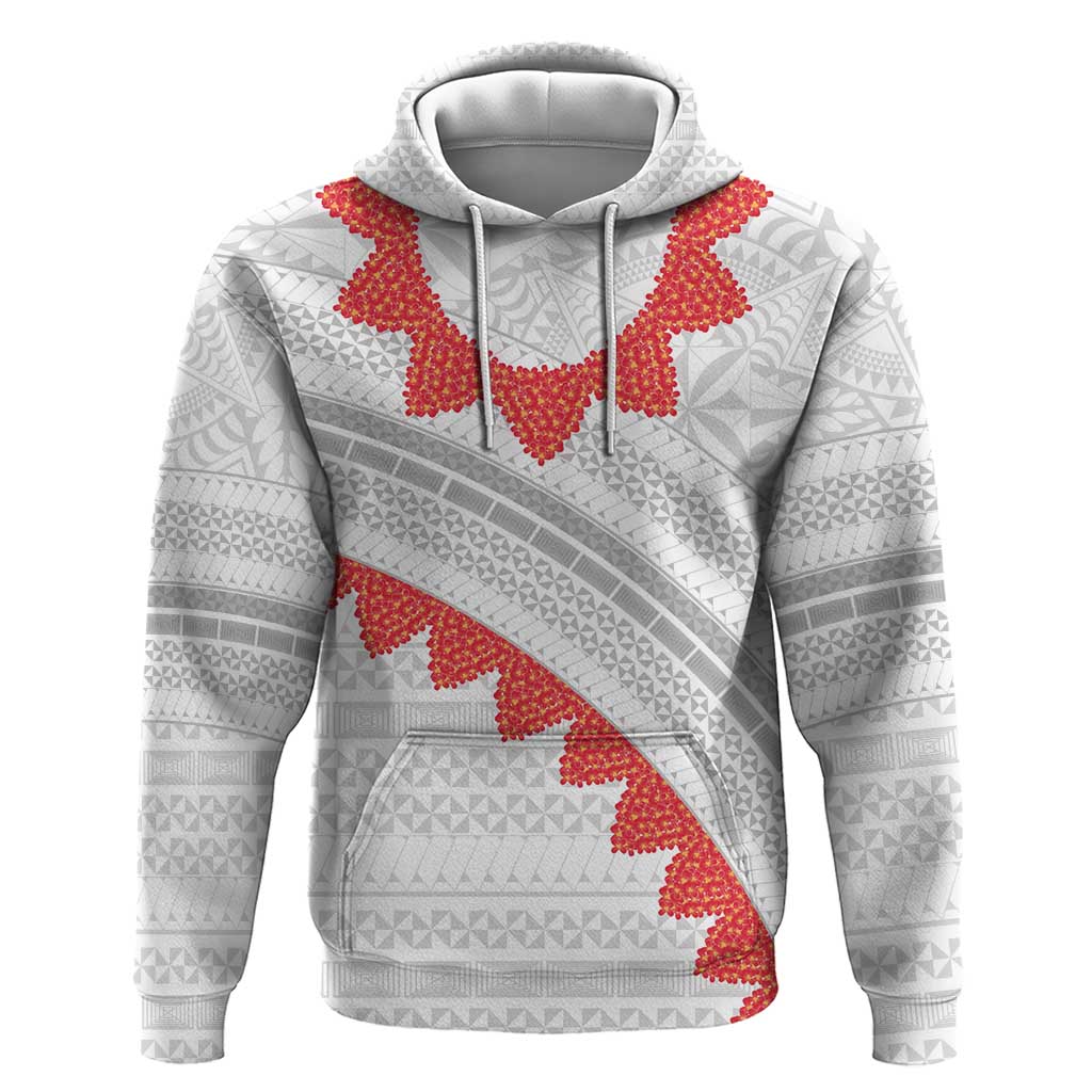 Tonga White Sunday Hoodie Heilala Flowers Tongan Ngatu Pattern