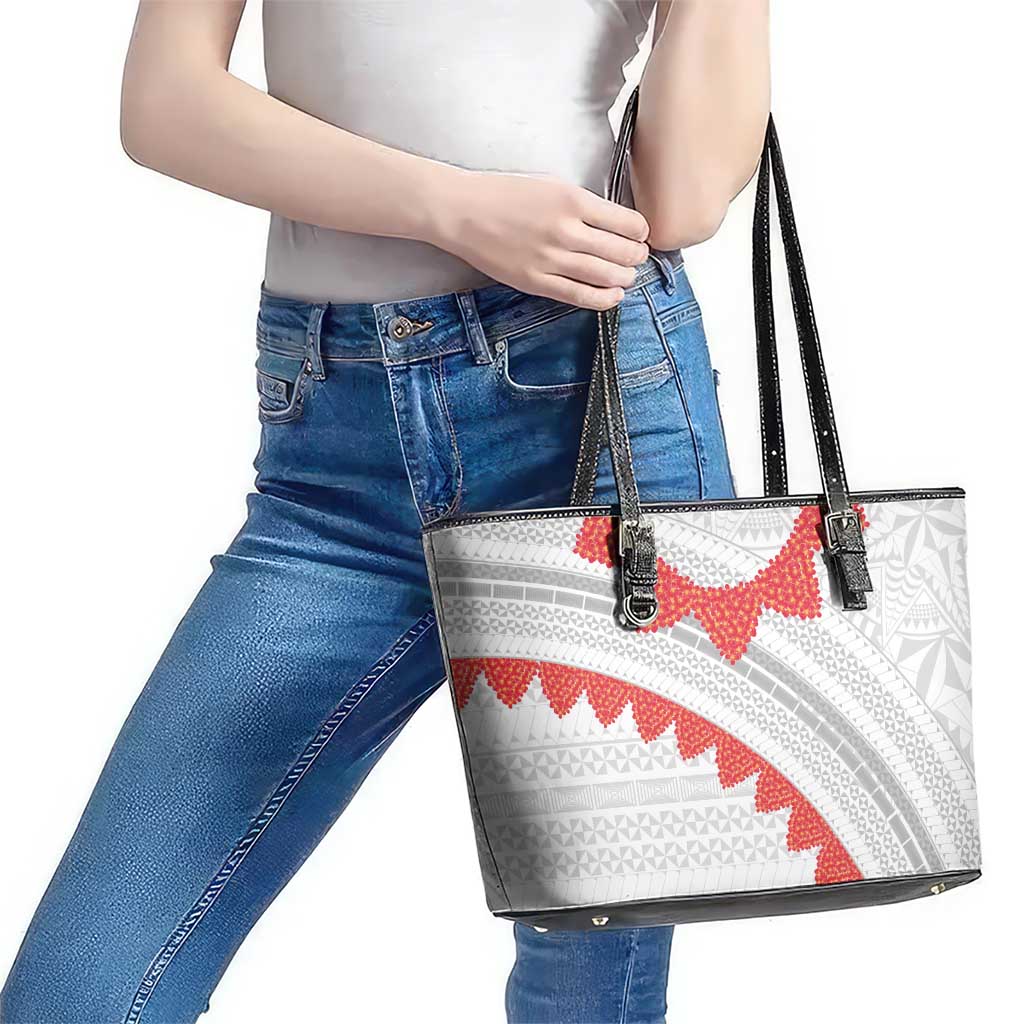 Tonga White Sunday Leather Tote Bag Heilala Flowers Tongan Ngatu Pattern