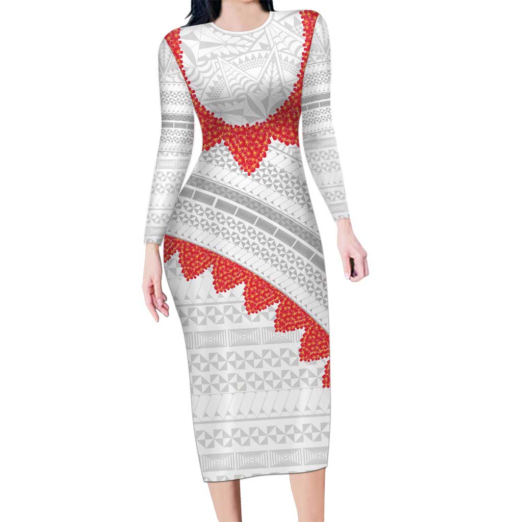 Tonga White Sunday Long Sleeve Bodycon Dress Heilala Flowers Tongan Ngatu Pattern