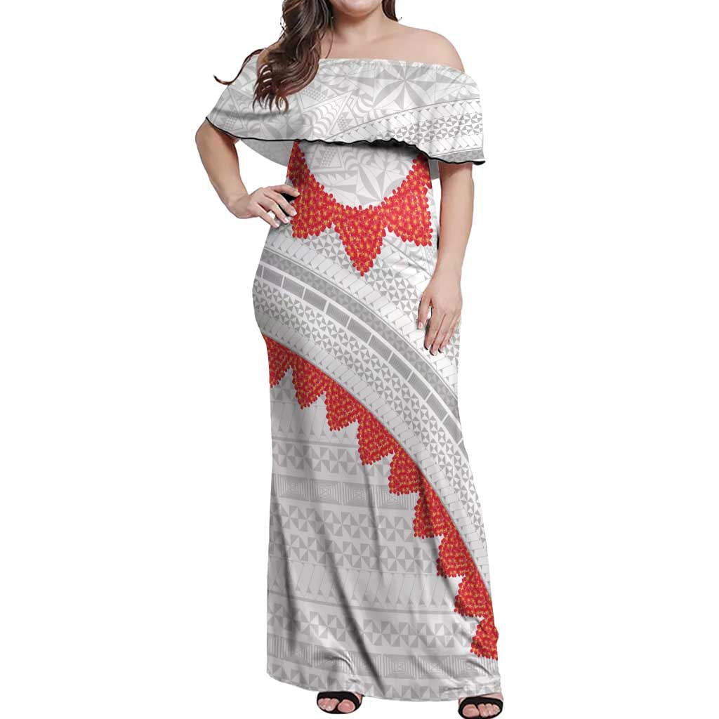Tonga White Sunday Off Shoulder Maxi Dress Heilala Flowers Tongan Ngatu Pattern