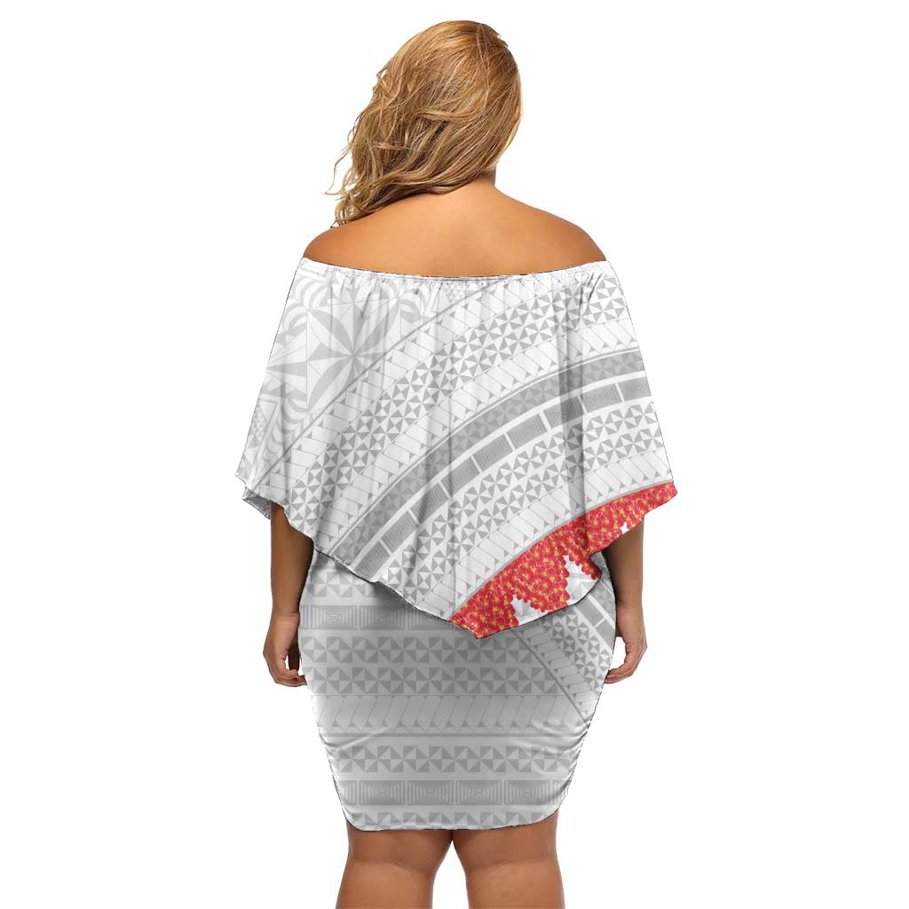 Tonga White Sunday Off Shoulder Short Dress Heilala Flowers Tongan Ngatu Pattern