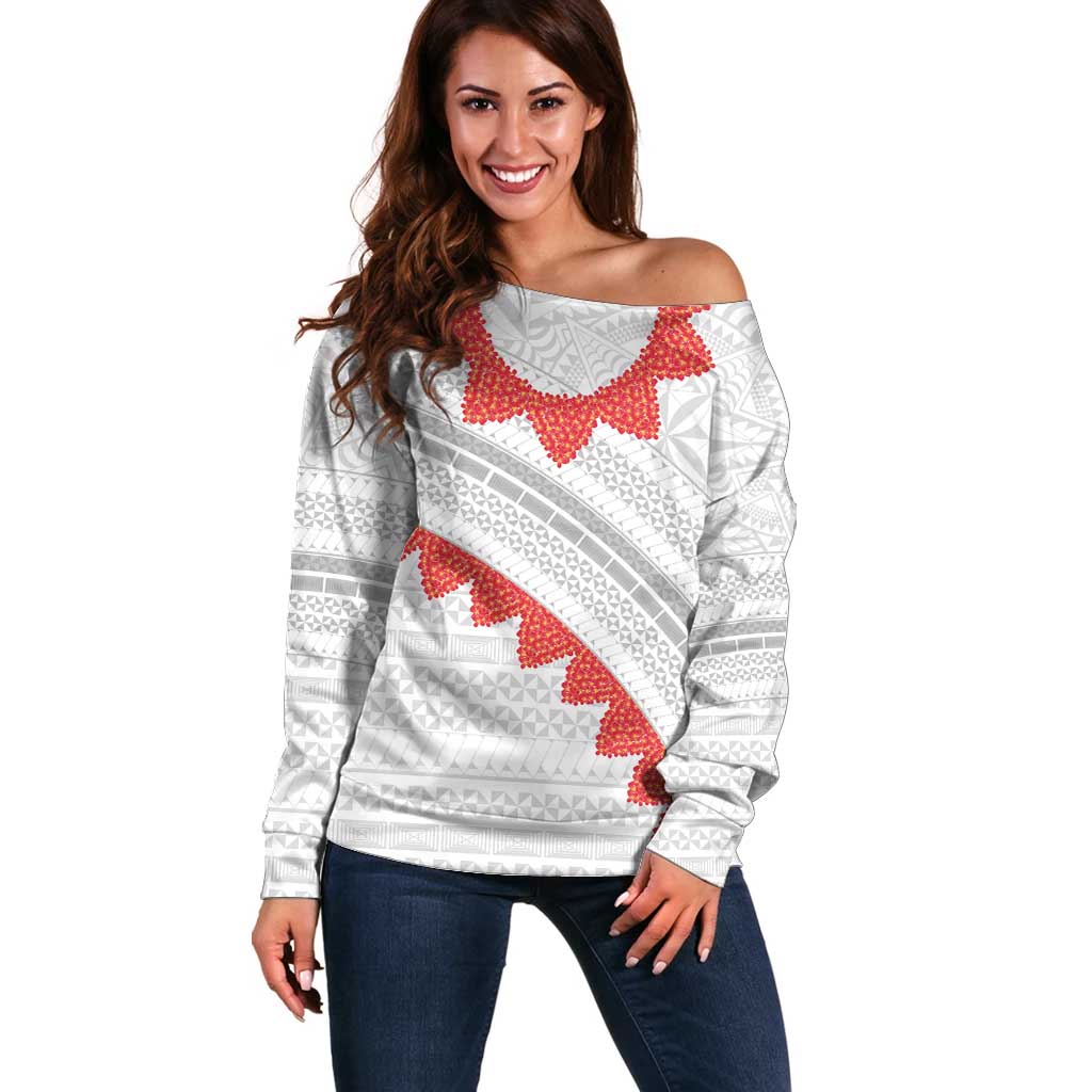 Tonga White Sunday Off Shoulder Sweater Heilala Flowers Tongan Ngatu Pattern