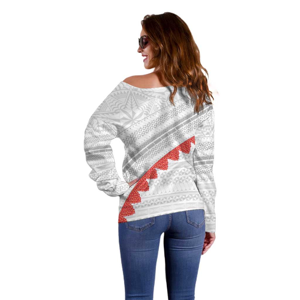 Tonga White Sunday Off Shoulder Sweater Heilala Flowers Tongan Ngatu Pattern