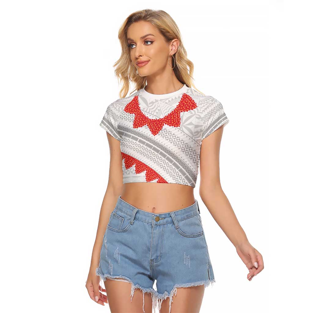 Tonga White Sunday Raglan Cropped T Shirt Heilala Flowers Tongan Ngatu Pattern