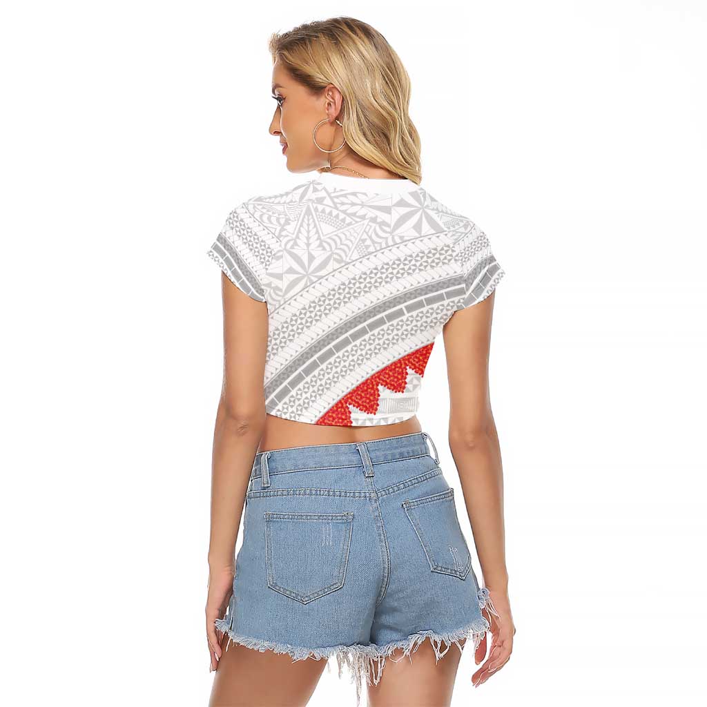 Tonga White Sunday Raglan Cropped T Shirt Heilala Flowers Tongan Ngatu Pattern