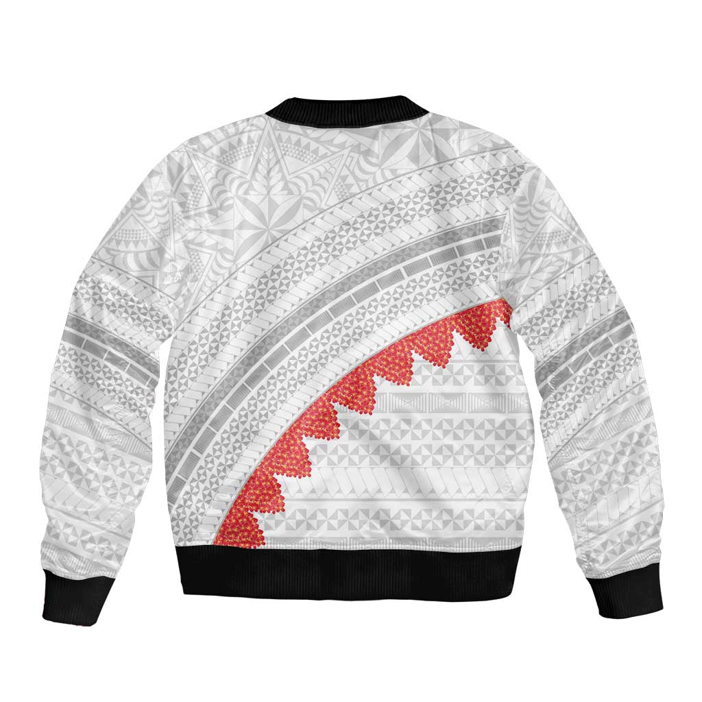 Tonga White Sunday Sleeve Zip Bomber Jacket Heilala Flowers Tongan Ngatu Pattern