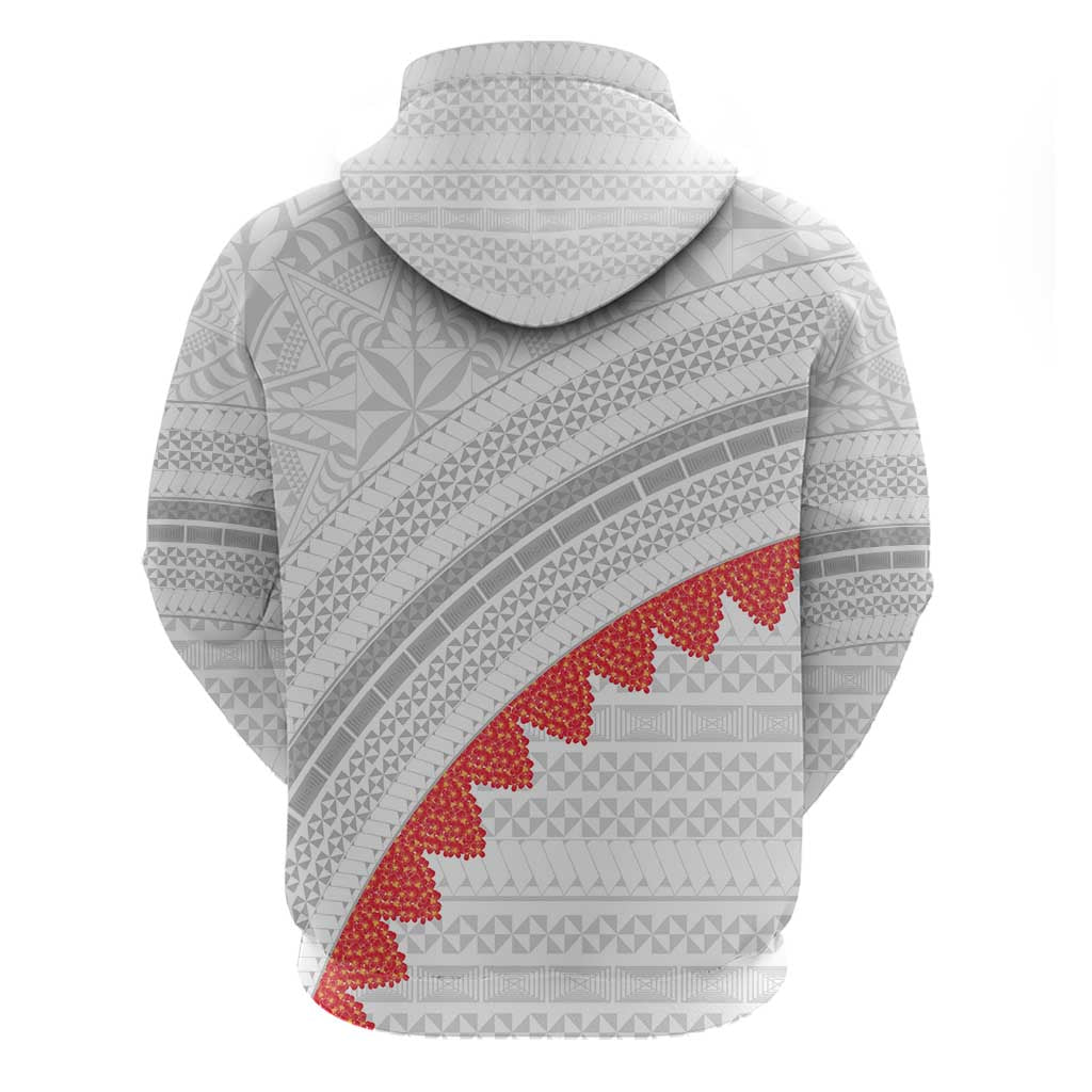 Tonga White Sunday Zip Hoodie Heilala Flowers Tongan Ngatu Pattern