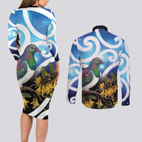 Kekeru New Zealand Matariki Couples Matching Long Sleeve Bodycon Dress and Long Sleeve Button Shirt Kukupa Kowhai Maori New Year Blue Version LT14 - Polynesian Pride