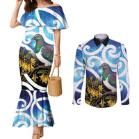 Kekeru New Zealand Matariki Couples Matching Mermaid Dress and Long Sleeve Button Shirt Kukupa Kowhai Maori New Year Blue Version LT14 Blue - Polynesian Pride