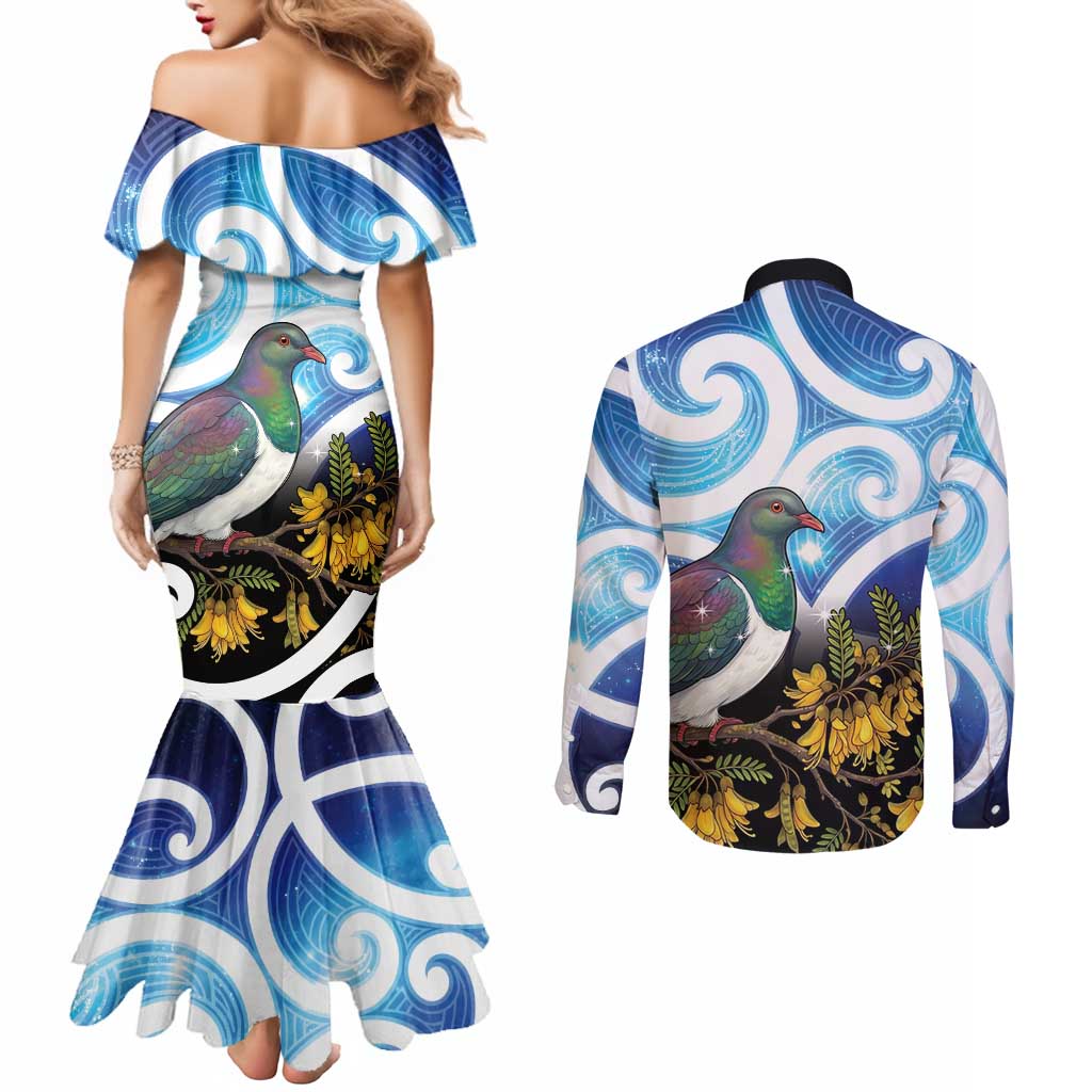 Kekeru New Zealand Matariki Couples Matching Mermaid Dress and Long Sleeve Button Shirt Kukupa Kowhai Maori New Year Blue Version LT14 - Polynesian Pride