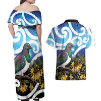 Kekeru New Zealand Matariki Couples Matching Off Shoulder Maxi Dress and Hawaiian Shirt Kukupa Kowhai Maori New Year Blue Version LT14 - Polynesian Pride