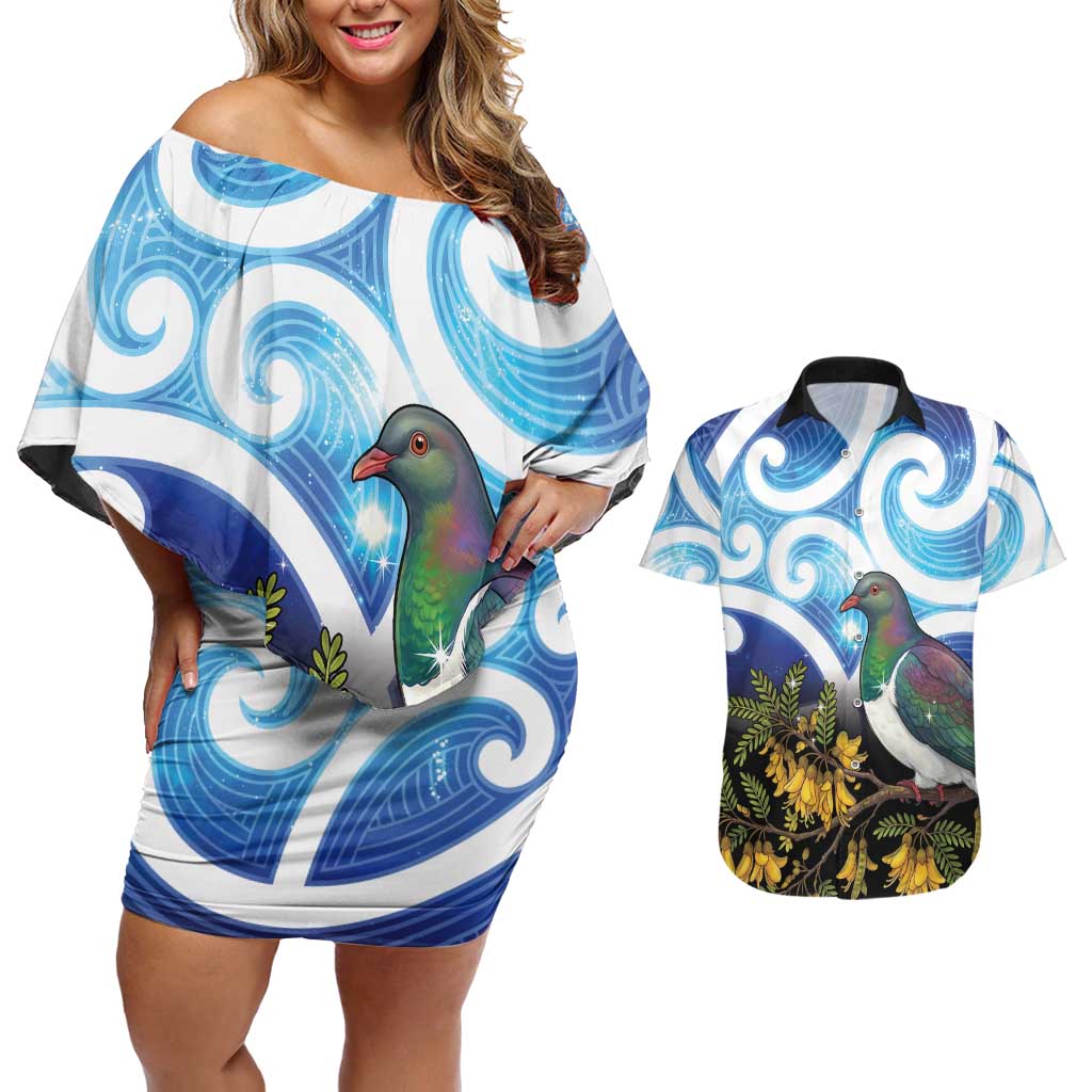 Kekeru New Zealand Matariki Couples Matching Off Shoulder Short Dress and Hawaiian Shirt Kukupa Kowhai Maori New Year Blue Version LT14 Blue - Polynesian Pride