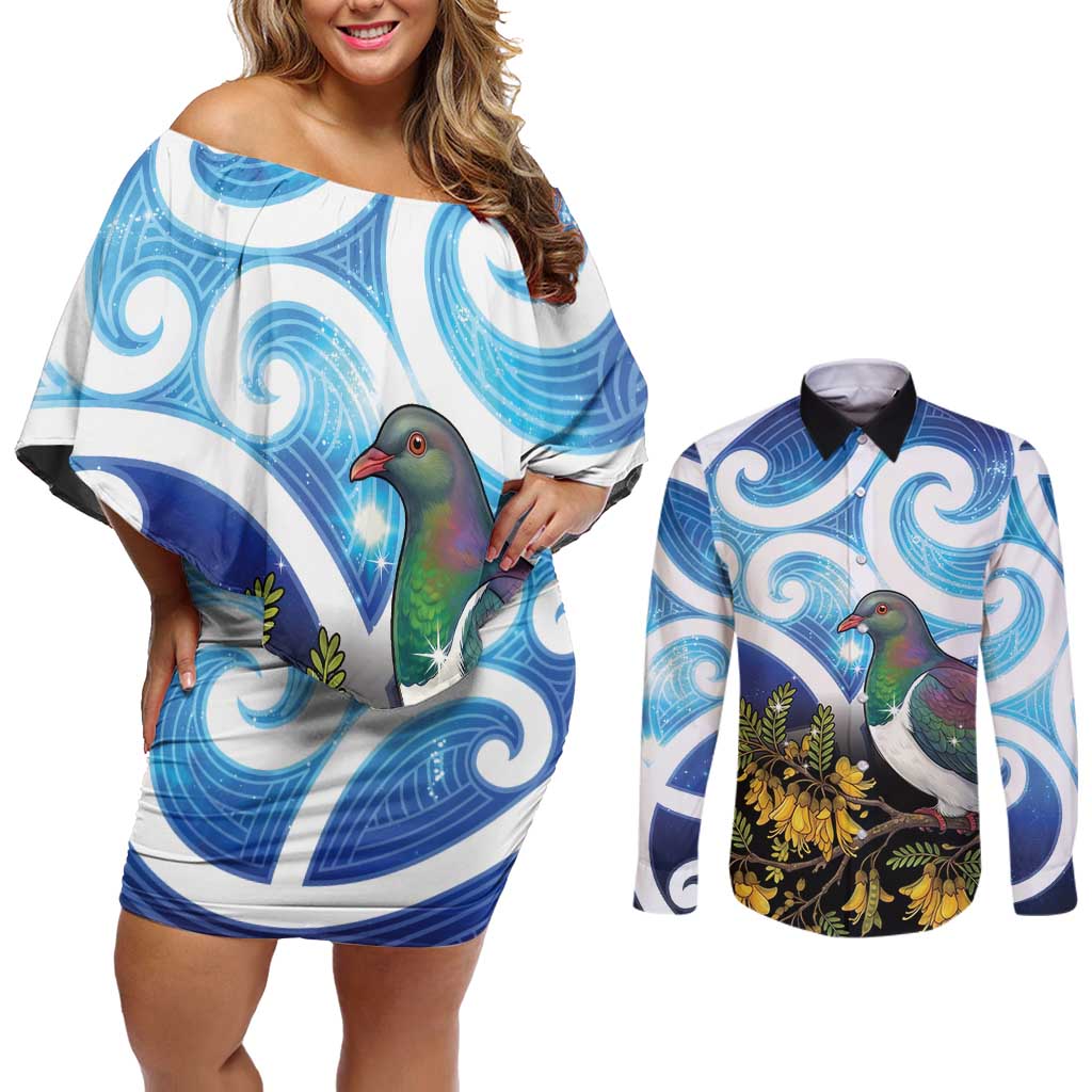 Kekeru New Zealand Matariki Couples Matching Off Shoulder Short Dress and Long Sleeve Button Shirt Kukupa Kowhai Maori New Year Blue Version LT14 Blue - Polynesian Pride