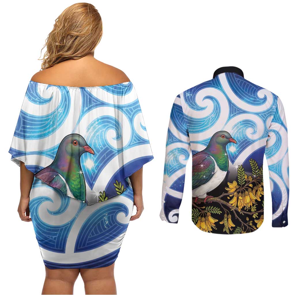 Kekeru New Zealand Matariki Couples Matching Off Shoulder Short Dress and Long Sleeve Button Shirt Kukupa Kowhai Maori New Year Blue Version LT14 - Polynesian Pride
