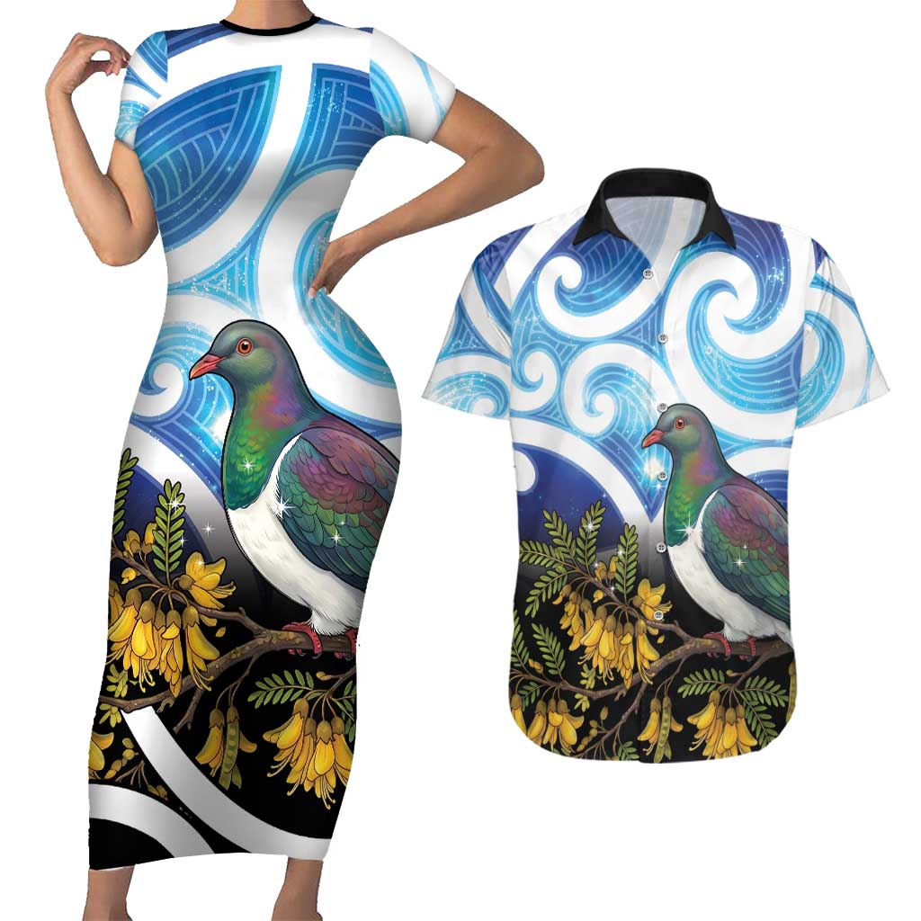 Kekeru New Zealand Matariki Couples Matching Short Sleeve Bodycon Dress and Hawaiian Shirt Kukupa Kowhai Maori New Year Blue Version LT14 Blue - Polynesian Pride