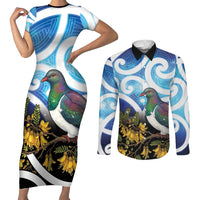Kekeru New Zealand Matariki Couples Matching Short Sleeve Bodycon Dress and Long Sleeve Button Shirt Kukupa Kowhai Maori New Year Blue Version LT14 Blue - Polynesian Pride