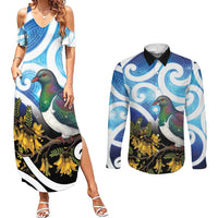 Kekeru New Zealand Matariki Couples Matching Summer Maxi Dress and Long Sleeve Button Shirt Kukupa Kowhai Maori New Year Blue Version LT14 Blue - Polynesian Pride