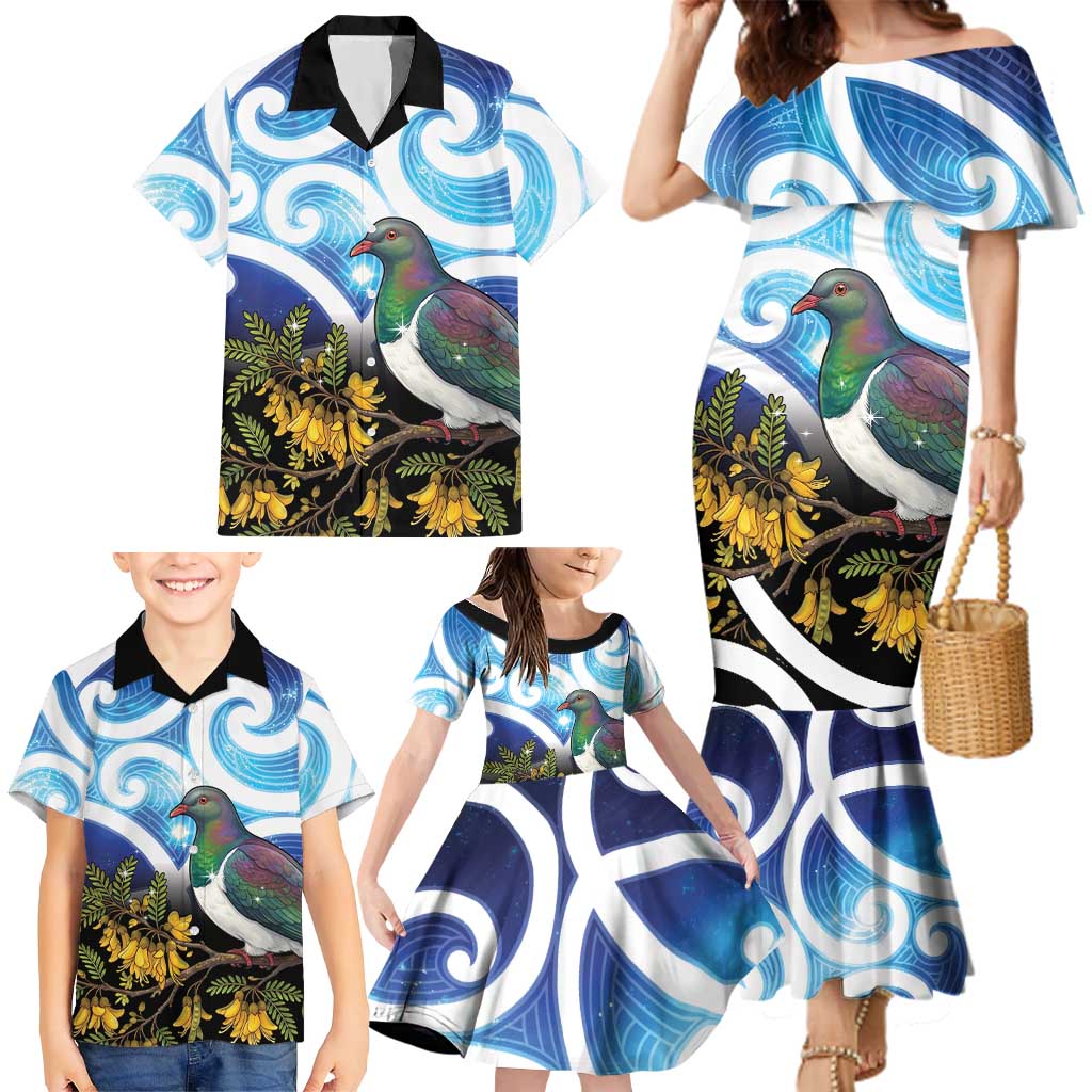 Kekeru New Zealand Matariki Family Matching Mermaid Dress and Hawaiian Shirt Kukupa Kowhai Maori New Year Blue Version LT14 - Polynesian Pride