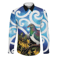 Kekeru New Zealand Matariki Family Matching Off The Shoulder Long Sleeve Dress and Hawaiian Shirt Kukupa Kowhai Maori New Year Blue Version LT14 Dad's Shirt - Long Sleeve Blue - Polynesian Pride