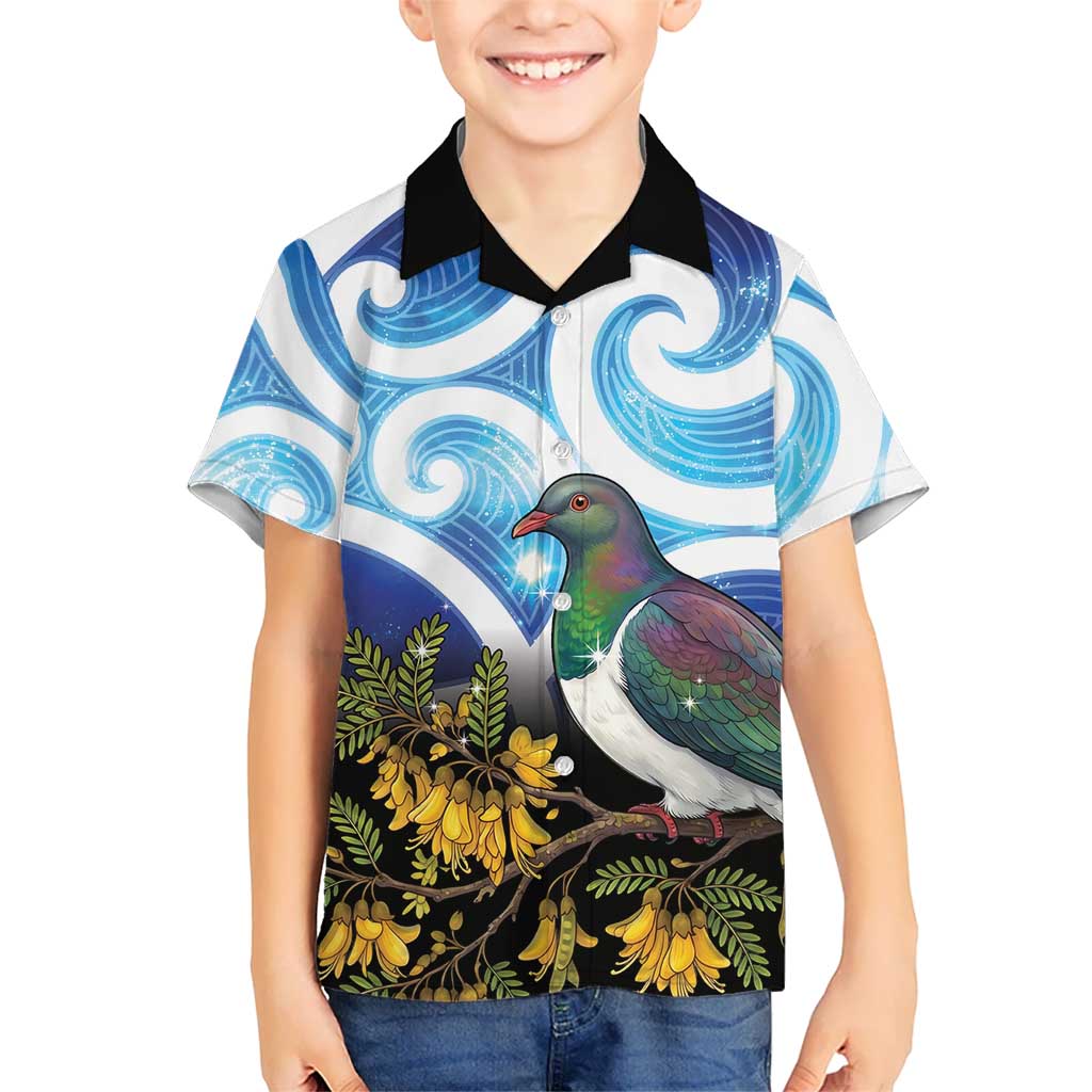 Kekeru New Zealand Matariki Family Matching Off Shoulder Maxi Dress and Hawaiian Shirt Kukupa Kowhai Maori New Year Blue Version LT14 Son's Shirt Blue - Polynesian Pride