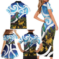 Kekeru New Zealand Matariki Family Matching Short Sleeve Bodycon Dress and Hawaiian Shirt Kukupa Kowhai Maori New Year Blue Version LT14 - Polynesian Pride