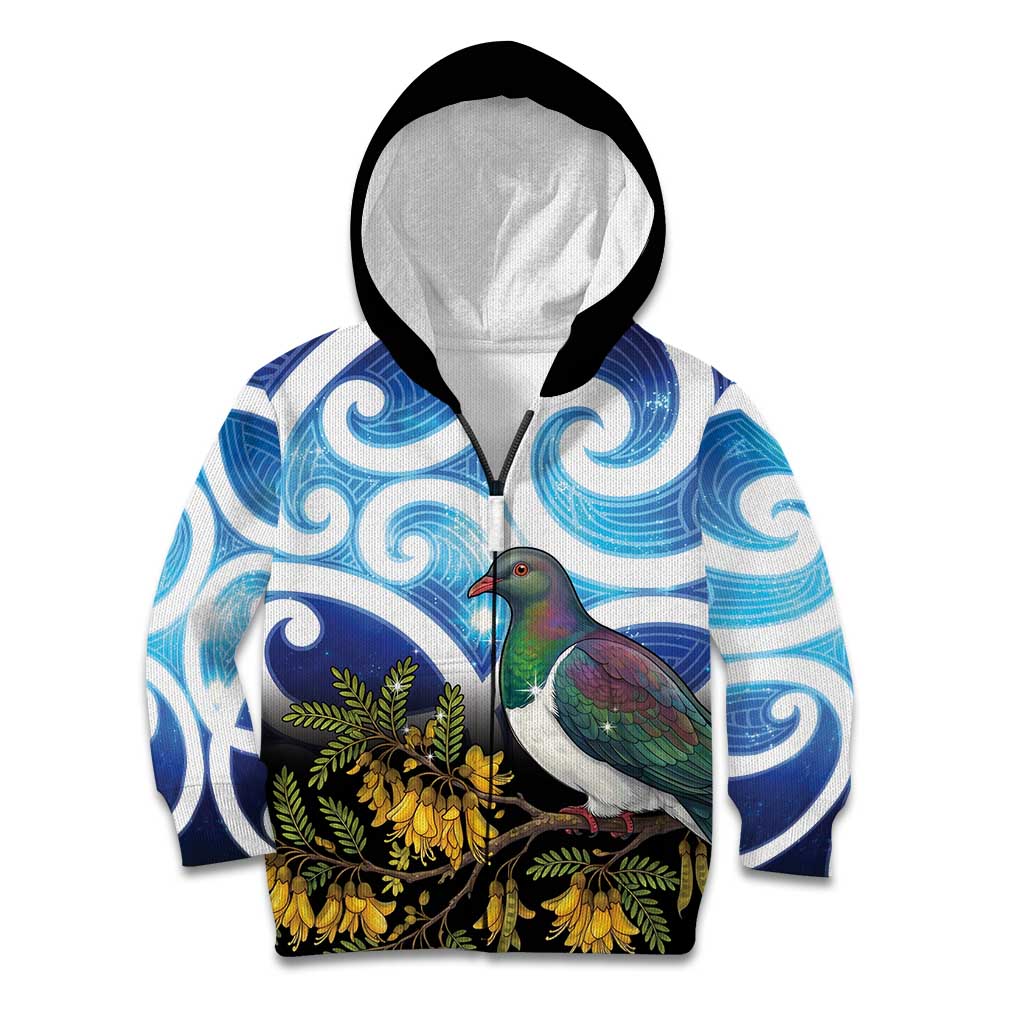 Kekeru New Zealand Matariki Kid Hoodie Kukupa Kowhai Maori New Year Blue Version