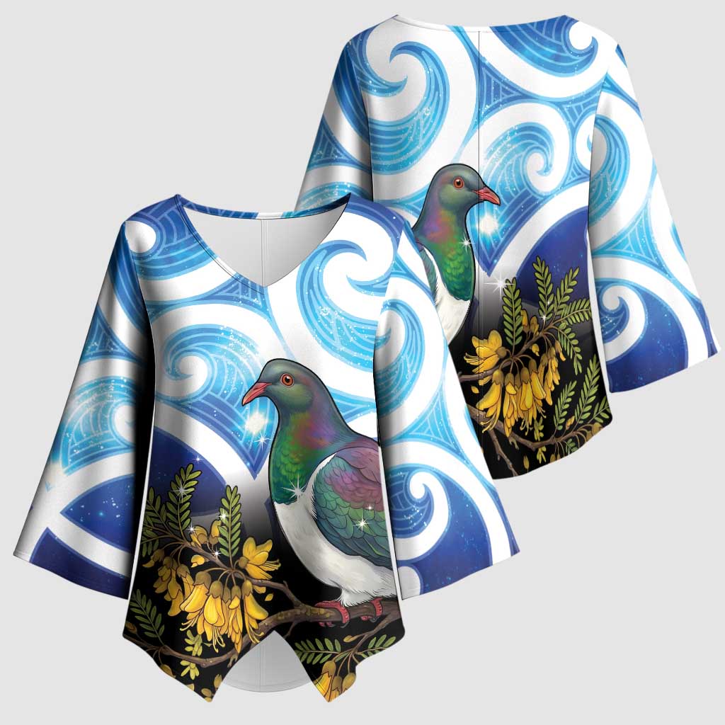 Kekeru New Zealand Matariki Kimono Sleeve Blouse Kukupa Kowhai Maori New Year Blue Version