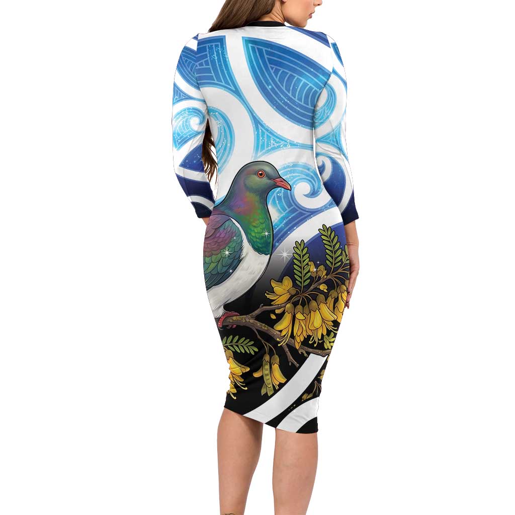 Kekeru New Zealand Matariki Long Sleeve Bodycon Dress Kukupa Kowhai Maori New Year Blue Version LT14 - Polynesian Pride