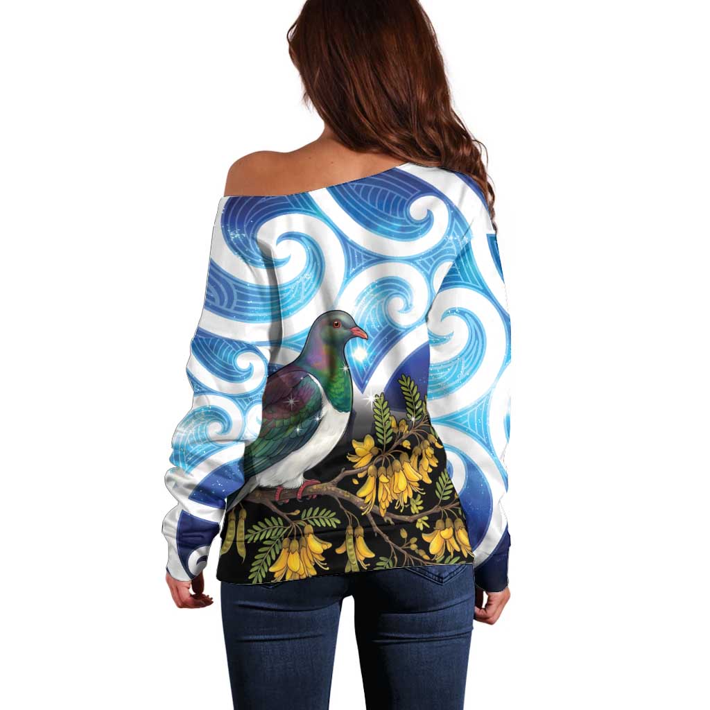 Kekeru New Zealand Matariki Off Shoulder Sweater Kukupa Kowhai Maori New Year Blue Version