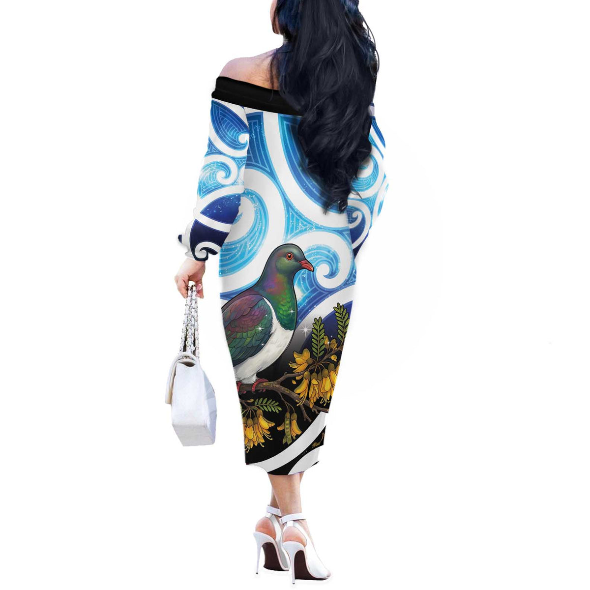Kekeru New Zealand Matariki Off The Shoulder Long Sleeve Dress Kukupa Kowhai Maori New Year Blue Version LT14 - Polynesian Pride