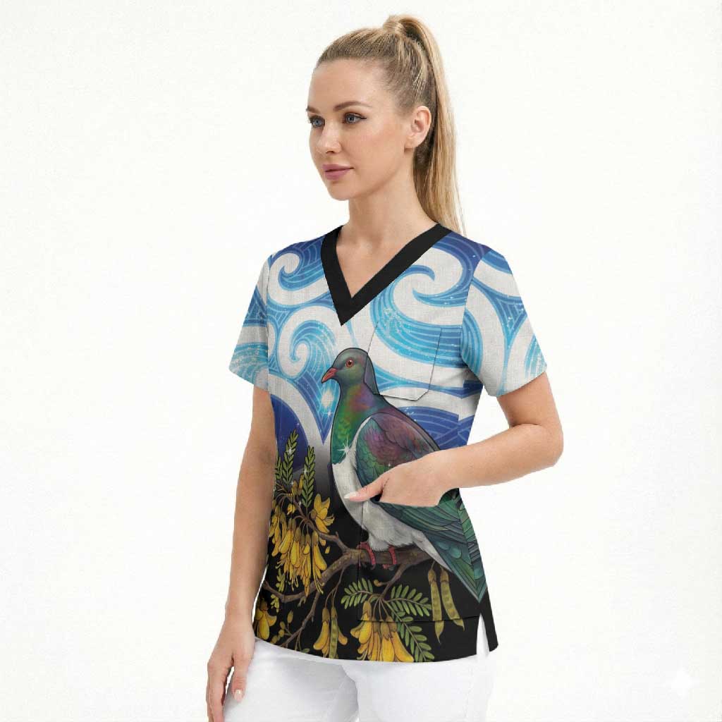Kekeru New Zealand Matariki Scrub Top Kukupa Kowhai Maori New Year Blue Version