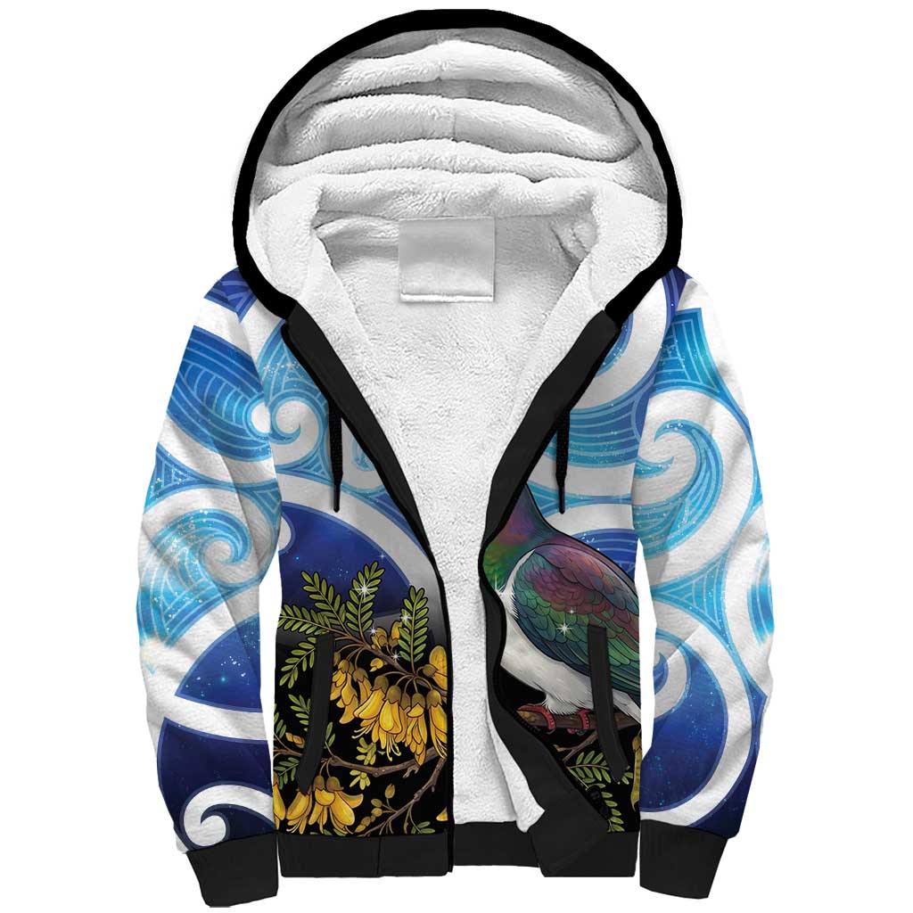 Kekeru New Zealand Matariki Sherpa Hoodie Kukupa Kowhai Maori New Year Blue Version