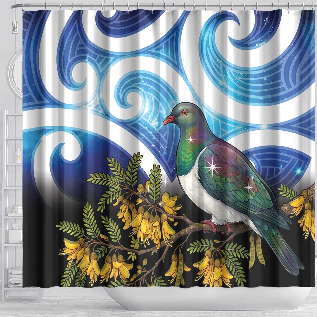 Kekeru New Zealand Matariki Shower Curtain Kukupa Kowhai Maori New Year Blue Version