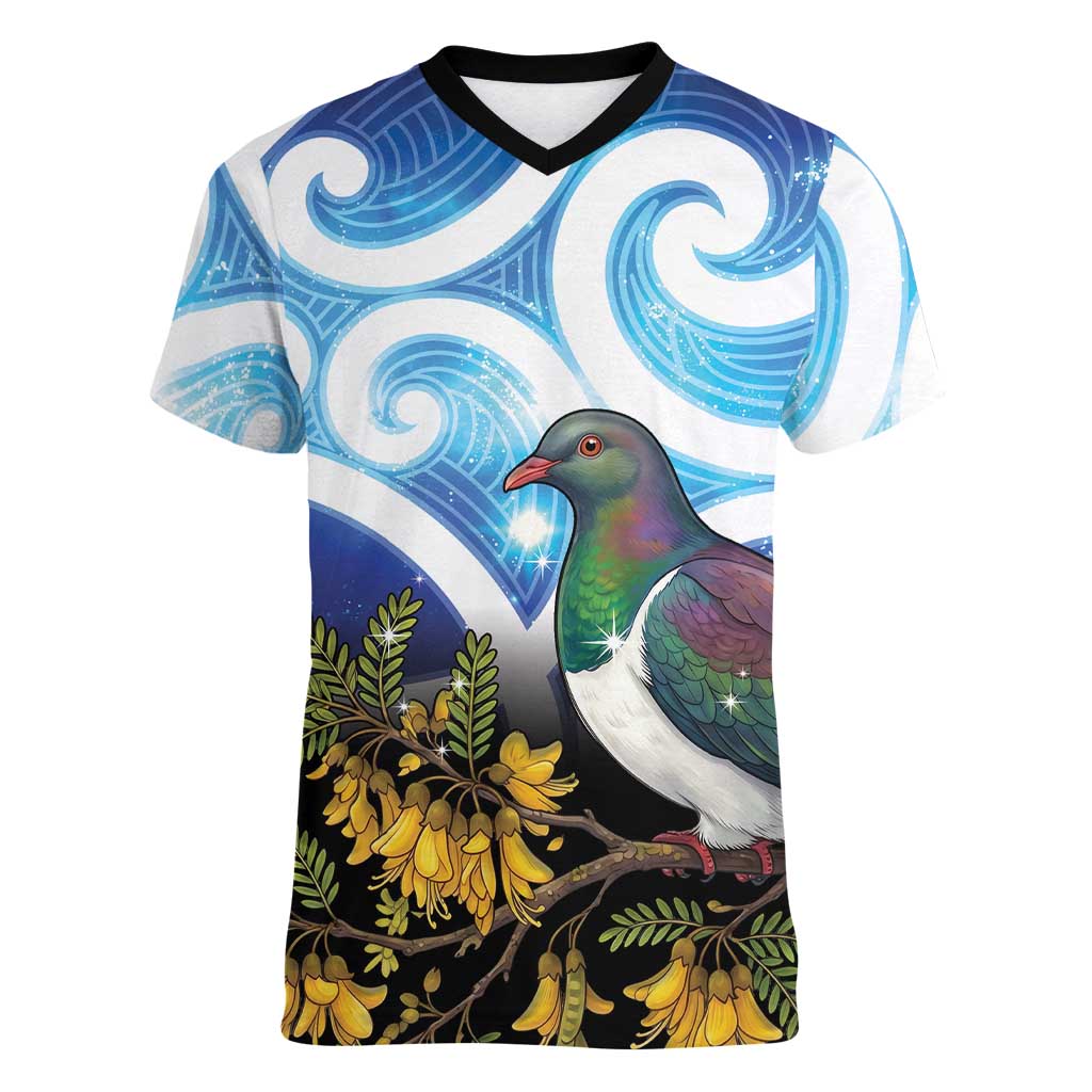 Kekeru New Zealand Matariki Women V-Neck T-Shirt Kukupa Kowhai Maori New Year Blue Version LT14 Female Blue - Polynesian Pride