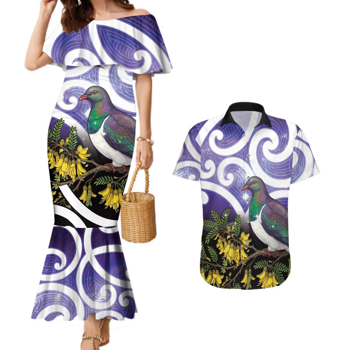 Kekeru New Zealand Matariki Couples Matching Mermaid Dress and Hawaiian Shirt Kukupa Kowhai Maori New Year Purple Version LT14 Purple - Polynesian Pride