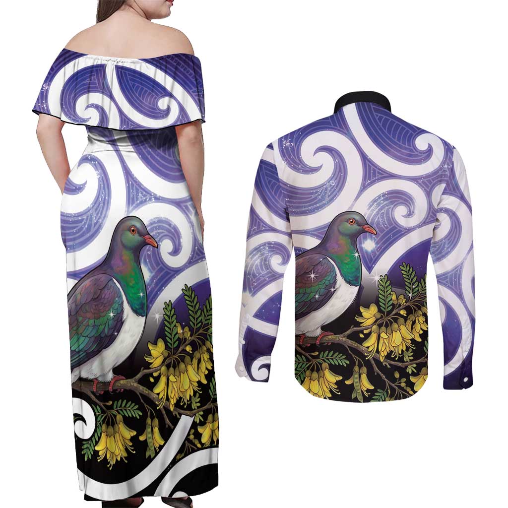 Kekeru New Zealand Matariki Couples Matching Off Shoulder Maxi Dress and Long Sleeve Button Shirt Kukupa Kowhai Maori New Year Purple Version LT14 - Polynesian Pride