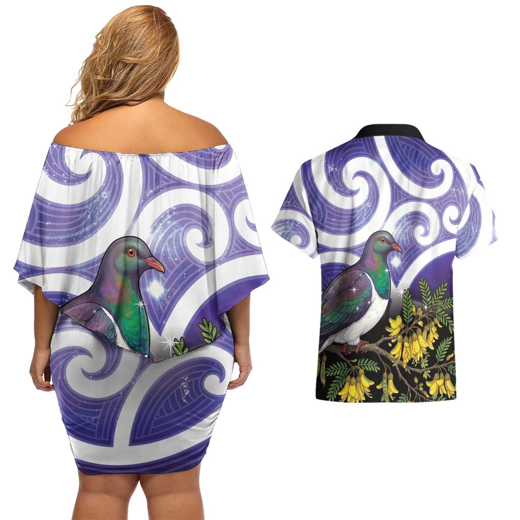 Kekeru New Zealand Matariki Couples Matching Off Shoulder Short Dress and Hawaiian Shirt Kukupa Kowhai Maori New Year Purple Version LT14 - Polynesian Pride