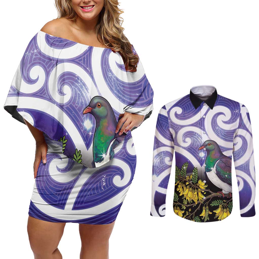 Kekeru New Zealand Matariki Couples Matching Off Shoulder Short Dress and Long Sleeve Button Shirt Kukupa Kowhai Maori New Year Purple Version