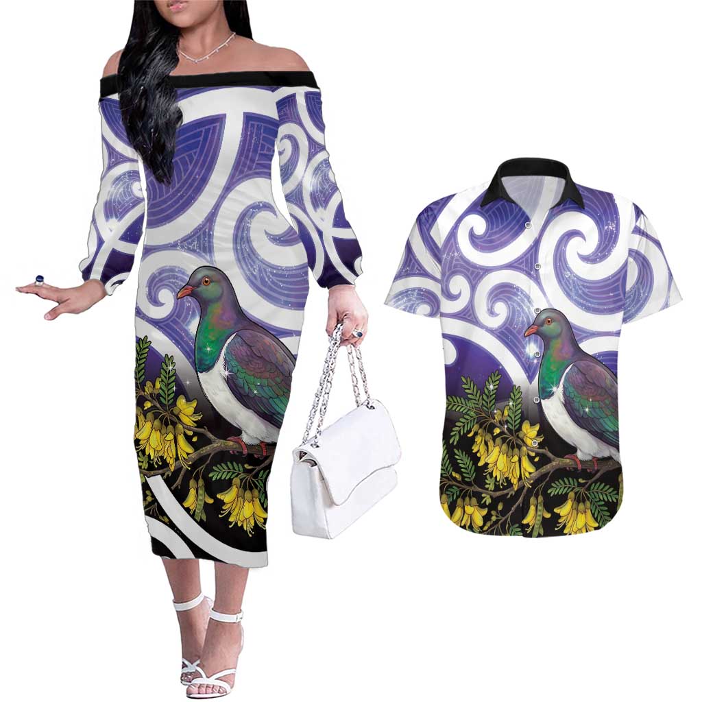 Kekeru New Zealand Matariki Couples Matching Off The Shoulder Long Sleeve Dress and Hawaiian Shirt Kukupa Kowhai Maori New Year Purple Version