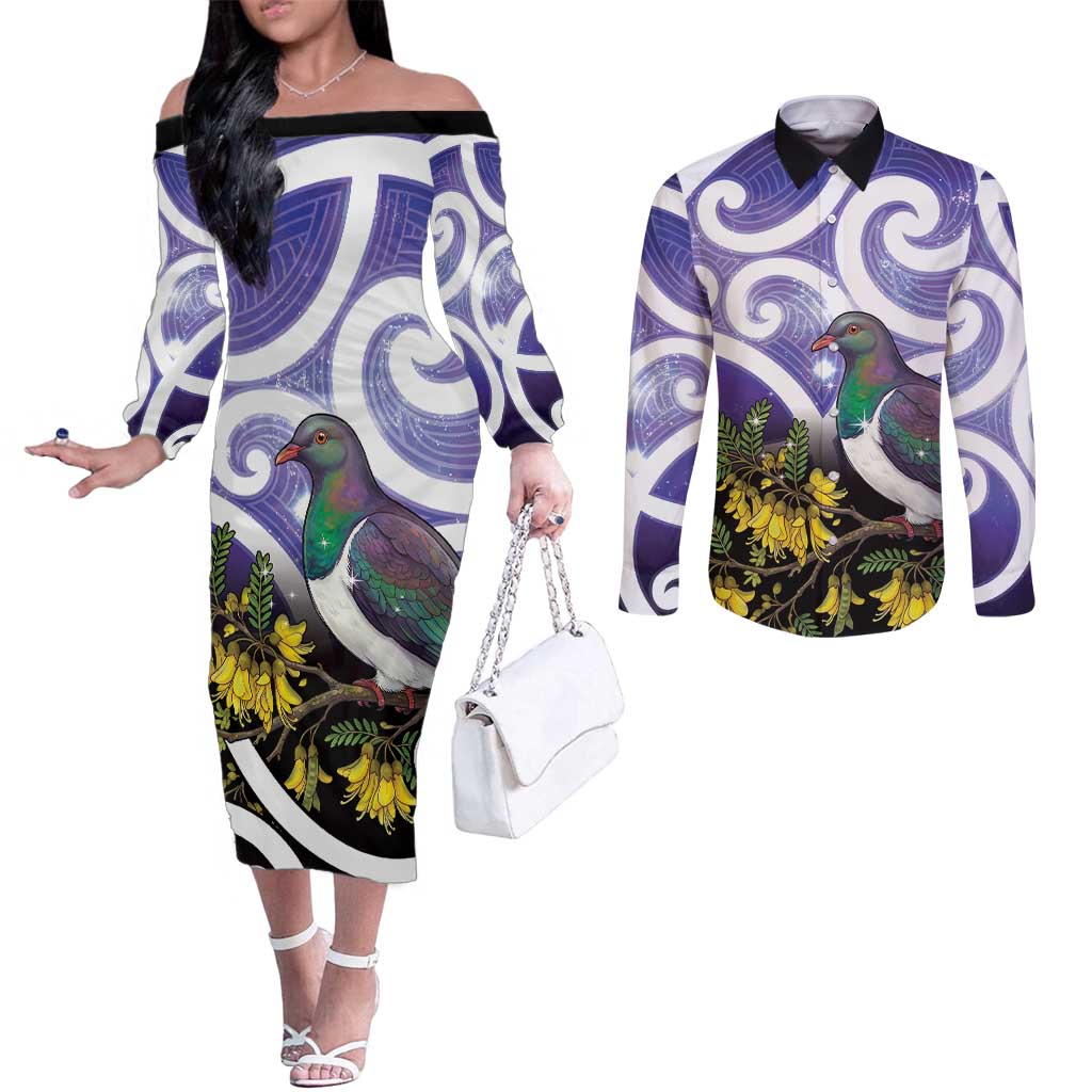 Kekeru New Zealand Matariki Couples Matching Off The Shoulder Long Sleeve Dress and Long Sleeve Button Shirt Kukupa Kowhai Maori New Year Purple Version LT14 Purple - Polynesian Pride
