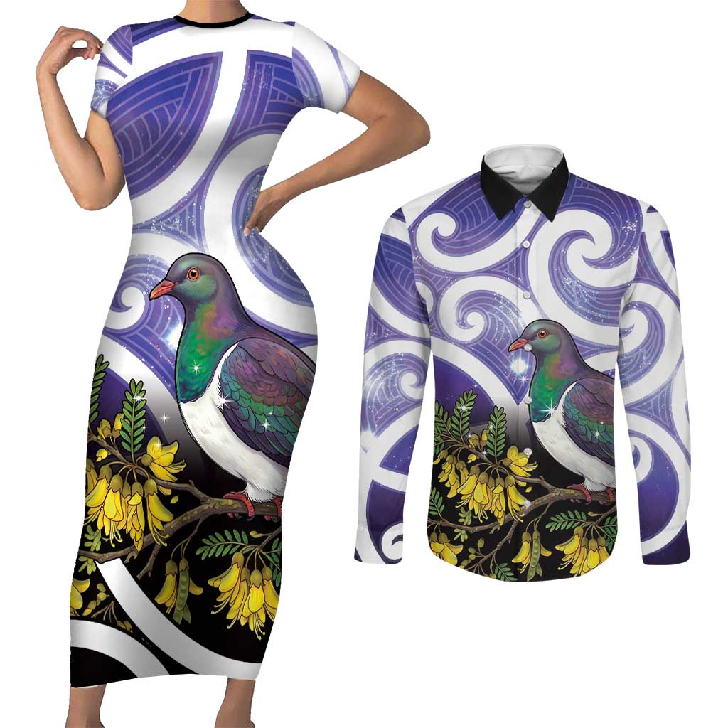 Kekeru New Zealand Matariki Couples Matching Short Sleeve Bodycon Dress and Long Sleeve Button Shirt Kukupa Kowhai Maori New Year Purple Version LT14 Purple - Polynesian Pride