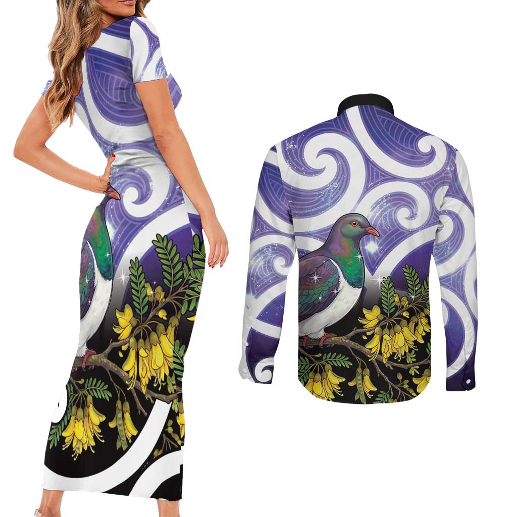 Kekeru New Zealand Matariki Couples Matching Short Sleeve Bodycon Dress and Long Sleeve Button Shirt Kukupa Kowhai Maori New Year Purple Version LT14 - Polynesian Pride