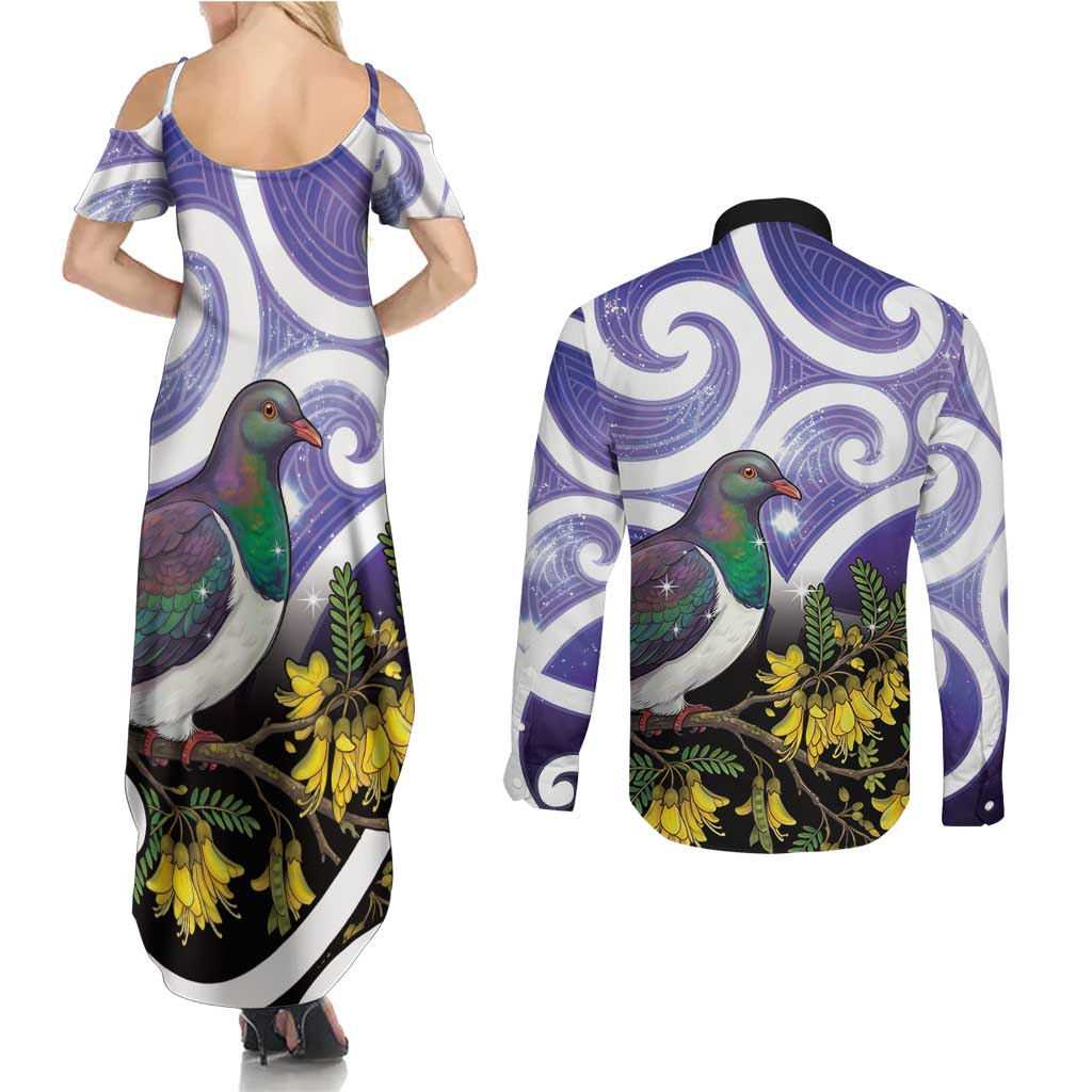 Kekeru New Zealand Matariki Couples Matching Summer Maxi Dress and Long Sleeve Button Shirt Kukupa Kowhai Maori New Year Purple Version LT14 - Polynesian Pride
