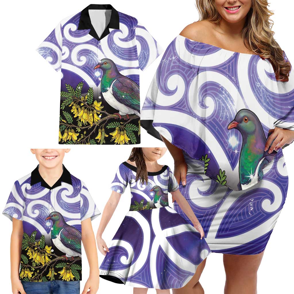 Kekeru New Zealand Matariki Family Matching Off Shoulder Short Dress and Hawaiian Shirt Kukupa Kowhai Maori New Year Purple Version LT14 - Polynesian Pride