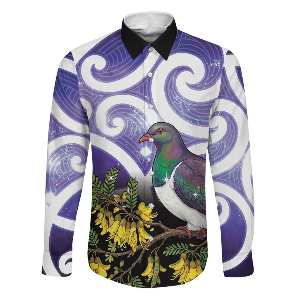 Kekeru New Zealand Matariki Family Matching Off Shoulder Short Dress and Hawaiian Shirt Kukupa Kowhai Maori New Year Purple Version LT14 Dad's Shirt - Long Sleeve Purple - Polynesian Pride
